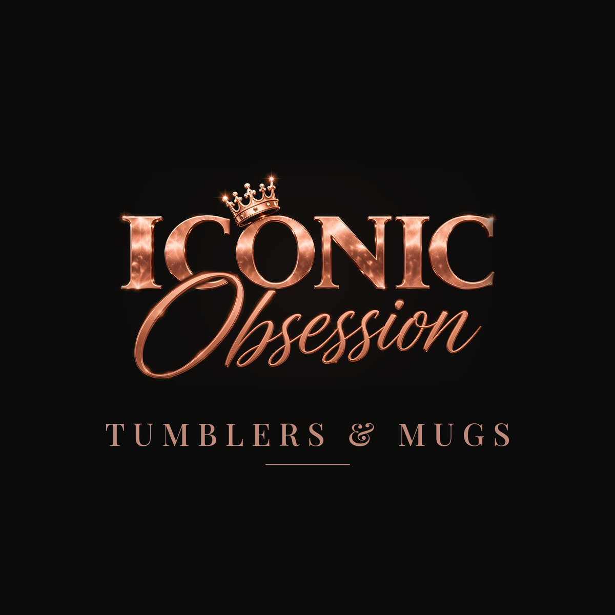 ICONIC Obsession Tumblers & Mugs, rose-gold logo on black