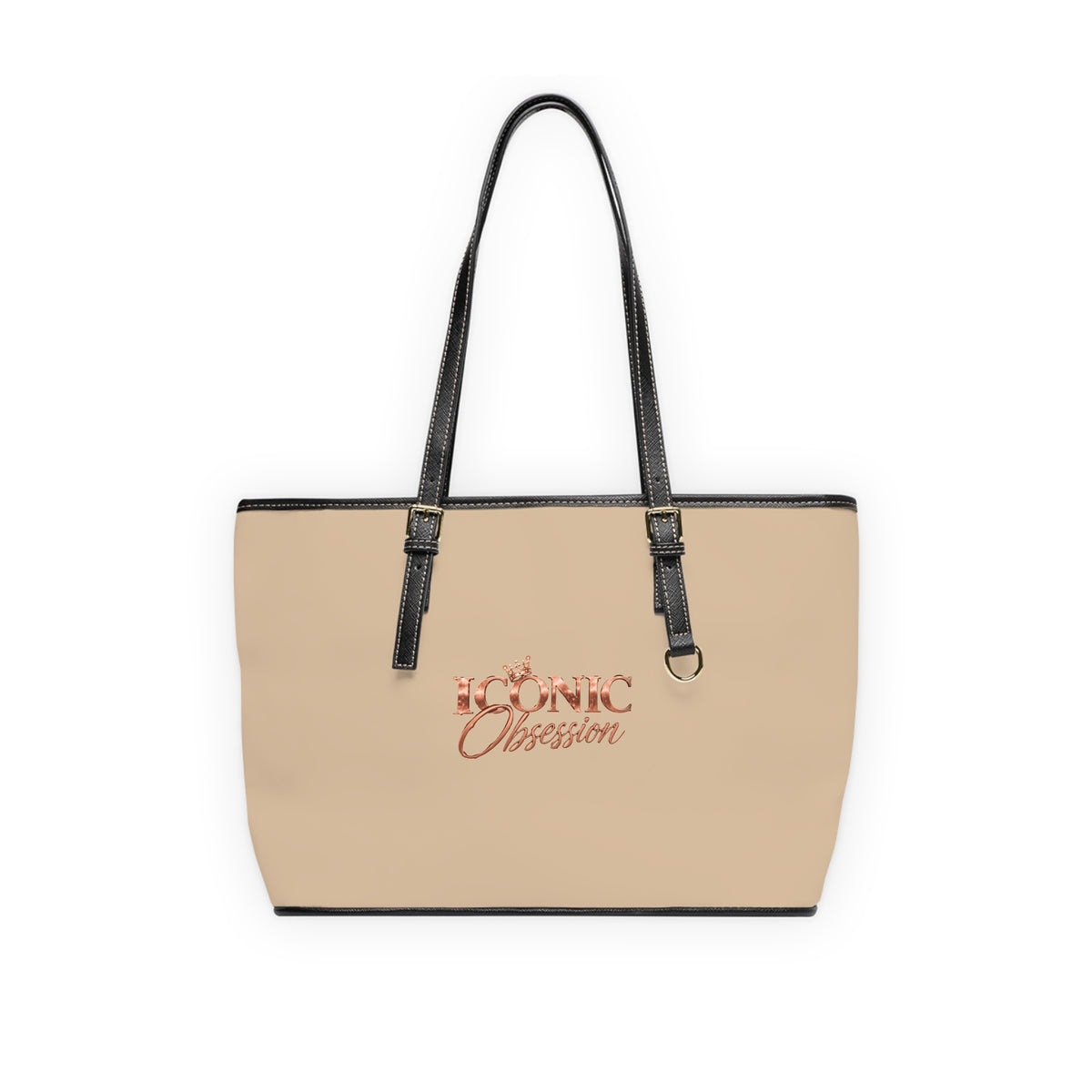 ICONIC Obsession Signature Tote in champagne, front view with rose-gold crown logo and black handles