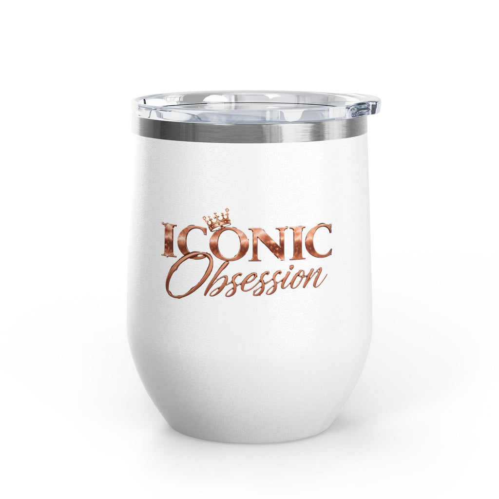 ICONIC Obsession Wine Tumbler, in white, front view with rose-gold logo