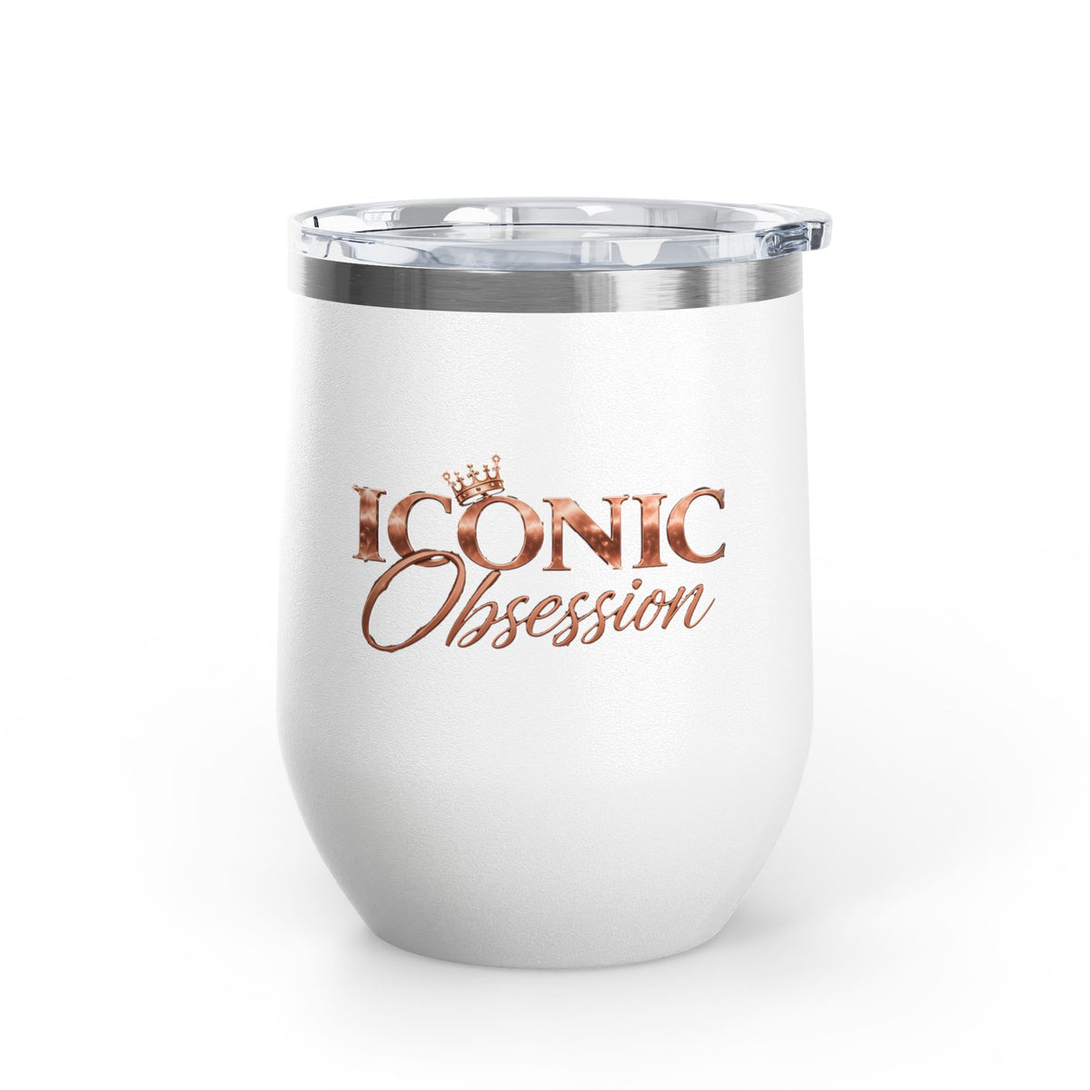 ICONIC Obsession Wine Tumbler, in white, front view with rose-gold logo