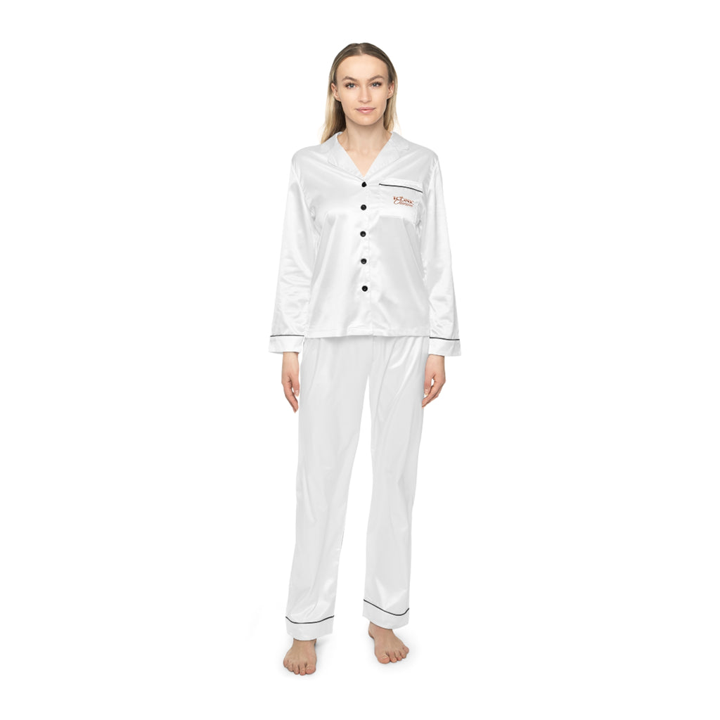 ICONIC Obsession Satin Pajama Set, worn by a model, front view with logo on the pocket
