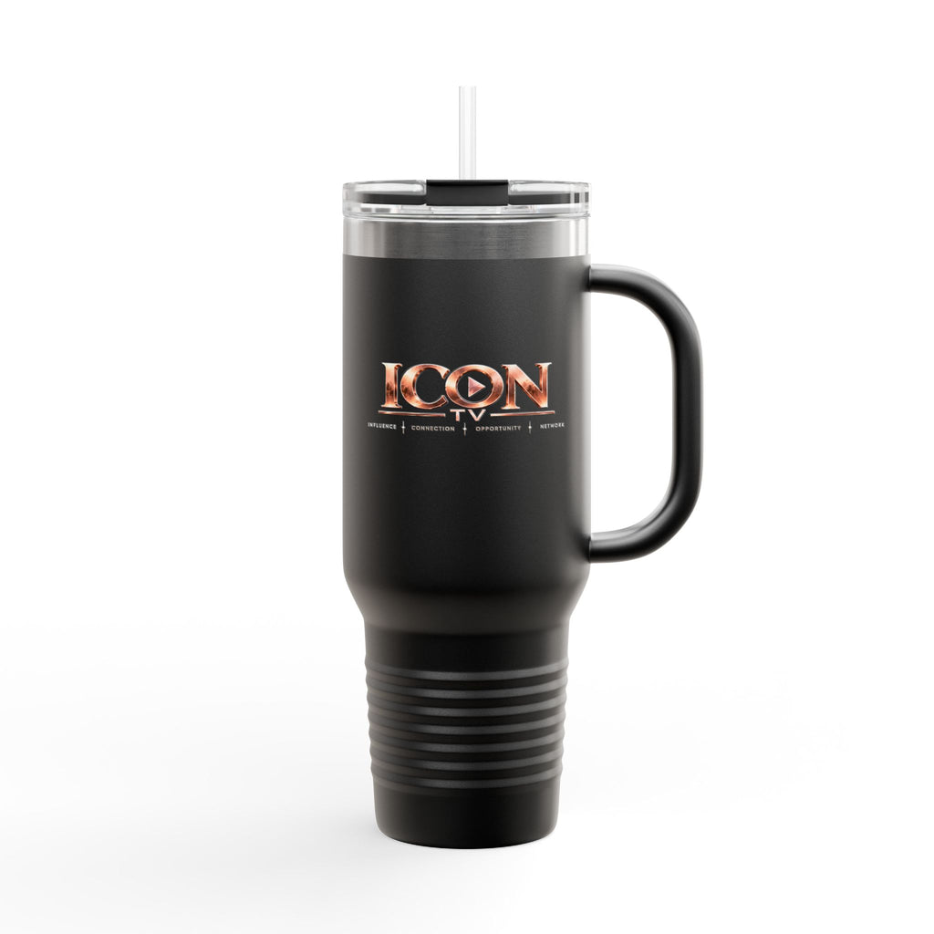 ICON TV 40 oz Travel Tumbler, in black, front view with rose-gold ICON TV logo and handle