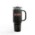 ICON TV 40 oz Travel Tumbler, in black, front view with rose-gold ICON TV logo and handle