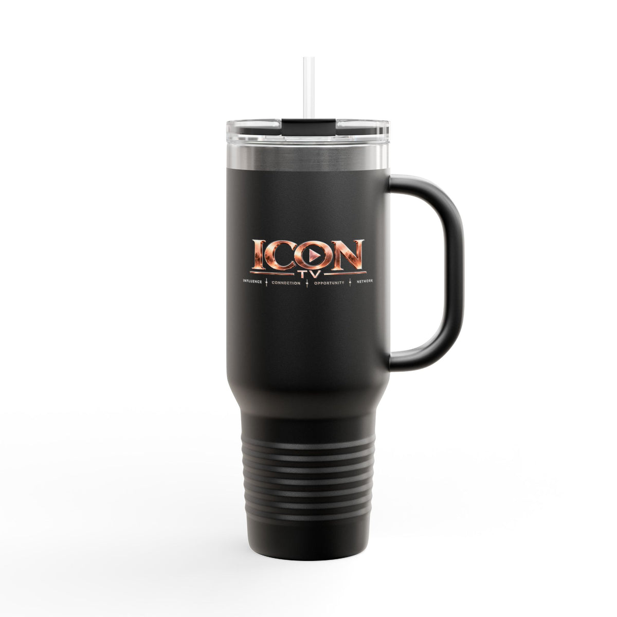 ICON TV 40 oz Travel Tumbler, in black, front view with rose-gold ICON TV logo and handle