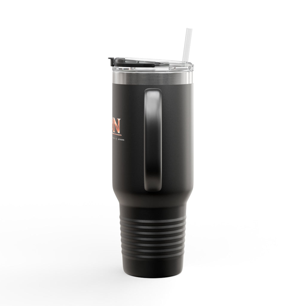 ICON TV 40 oz Travel Tumbler, in black, back view with handle