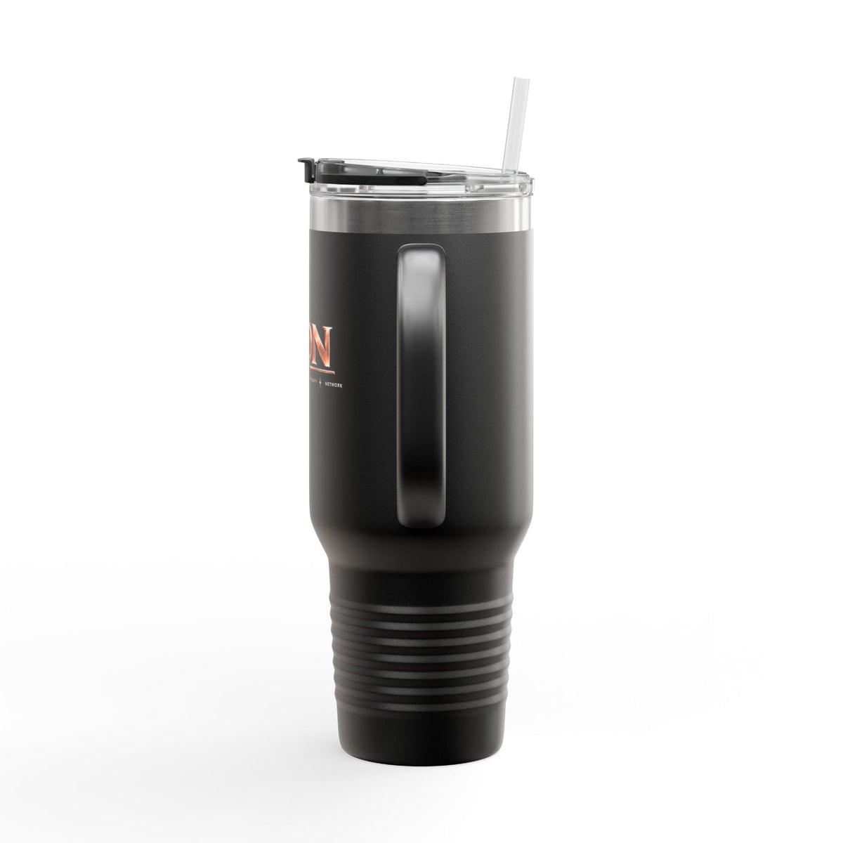 ICON TV 40 oz Travel Tumbler, in black, back view with handle