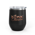 ICONIC Obsession Wine Tumbler, in black, front view with rose-gold logo