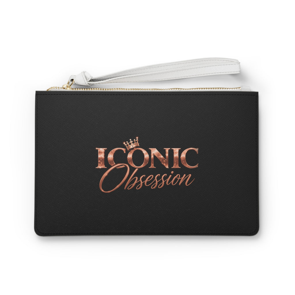 ICONIC Obsession Signature Clutch, front view with crowned rose-gold logo and white wrist strap