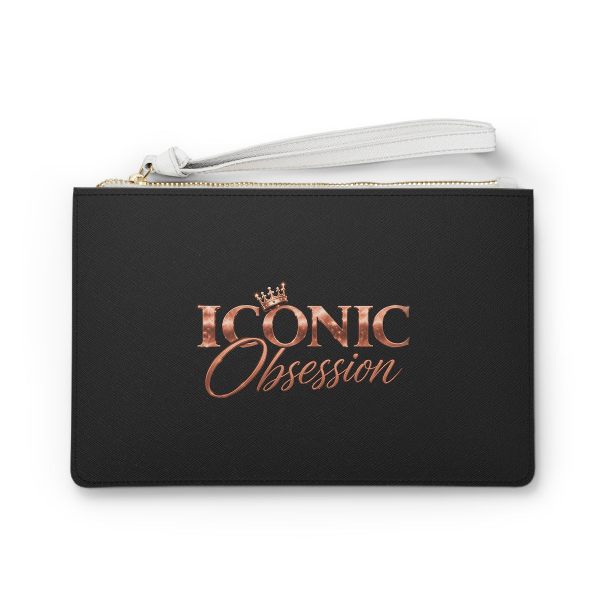 ICONIC Obsession Signature Clutch, front view with crowned rose-gold logo and white wrist strap