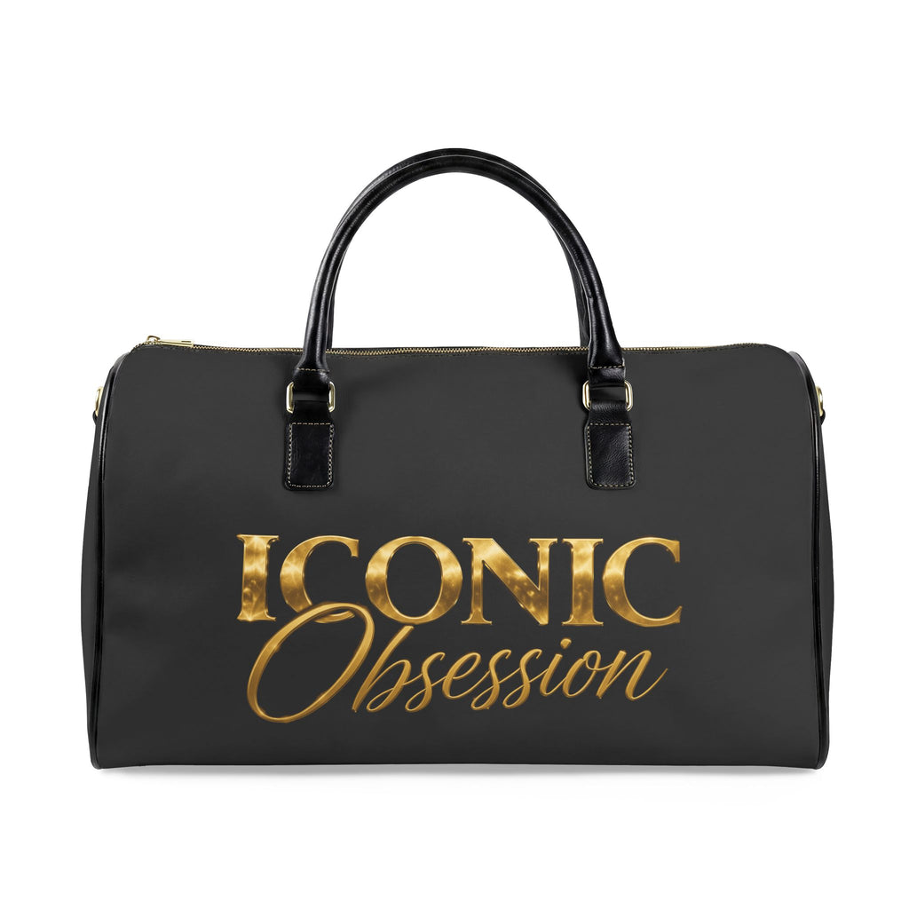 ICONIC Obsession Signature Travel Bag in black, front view with large gold logo