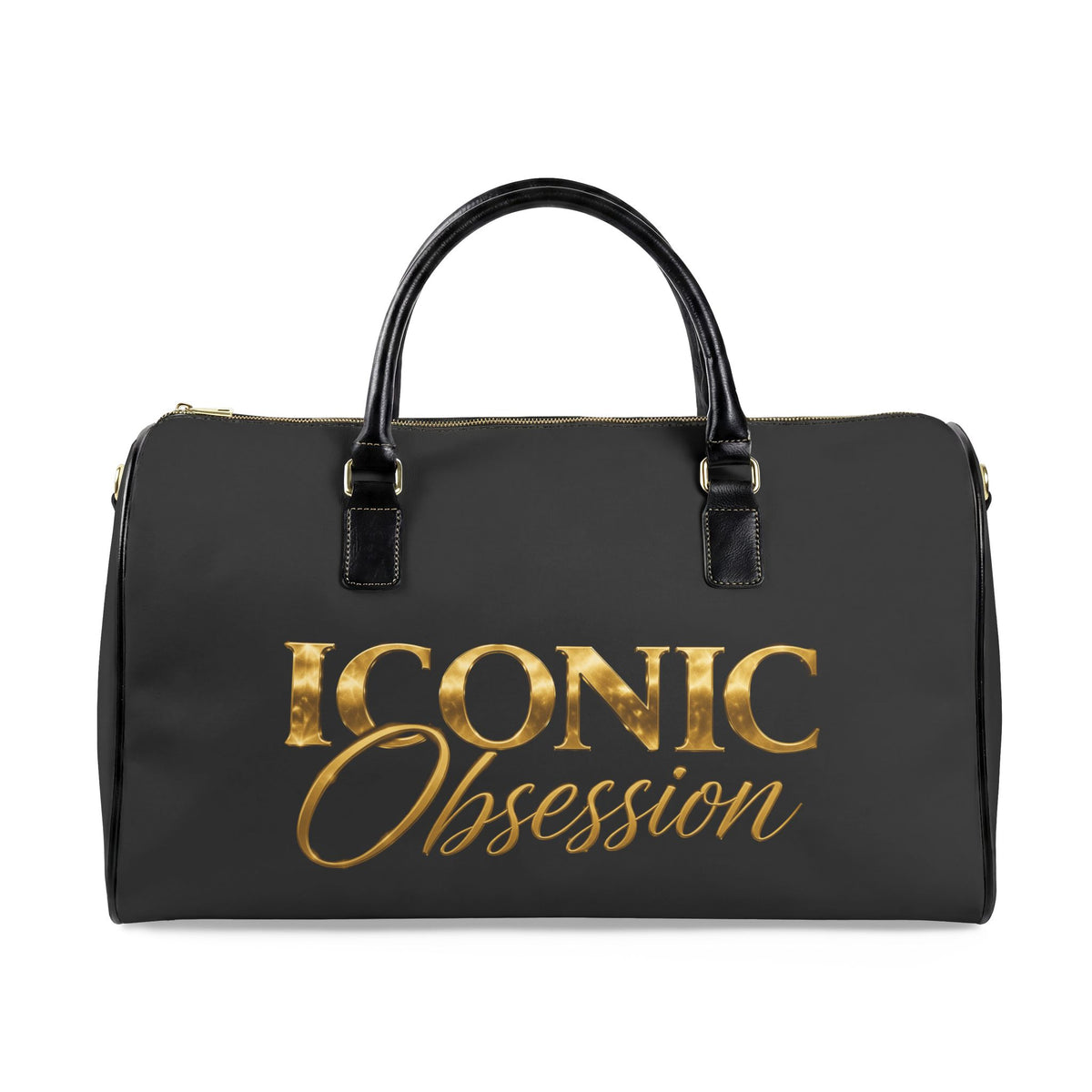 ICONIC Obsession Signature Travel Bag in black, front view with large gold logo