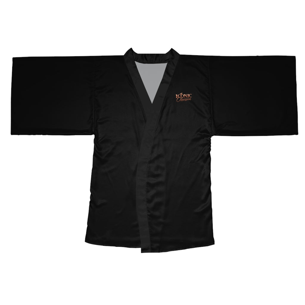 ICONIC Obsession black kimono robe, front view, with rose-gold crown logo on the chest
