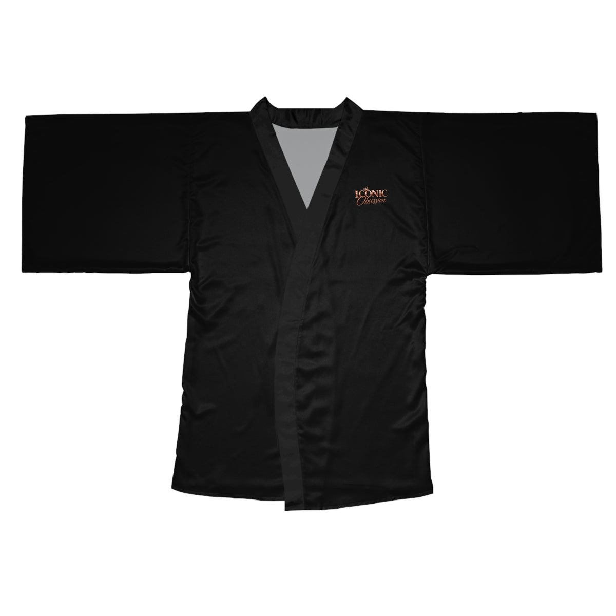 ICONIC Obsession black kimono robe, front view, with rose-gold crown logo on the chest