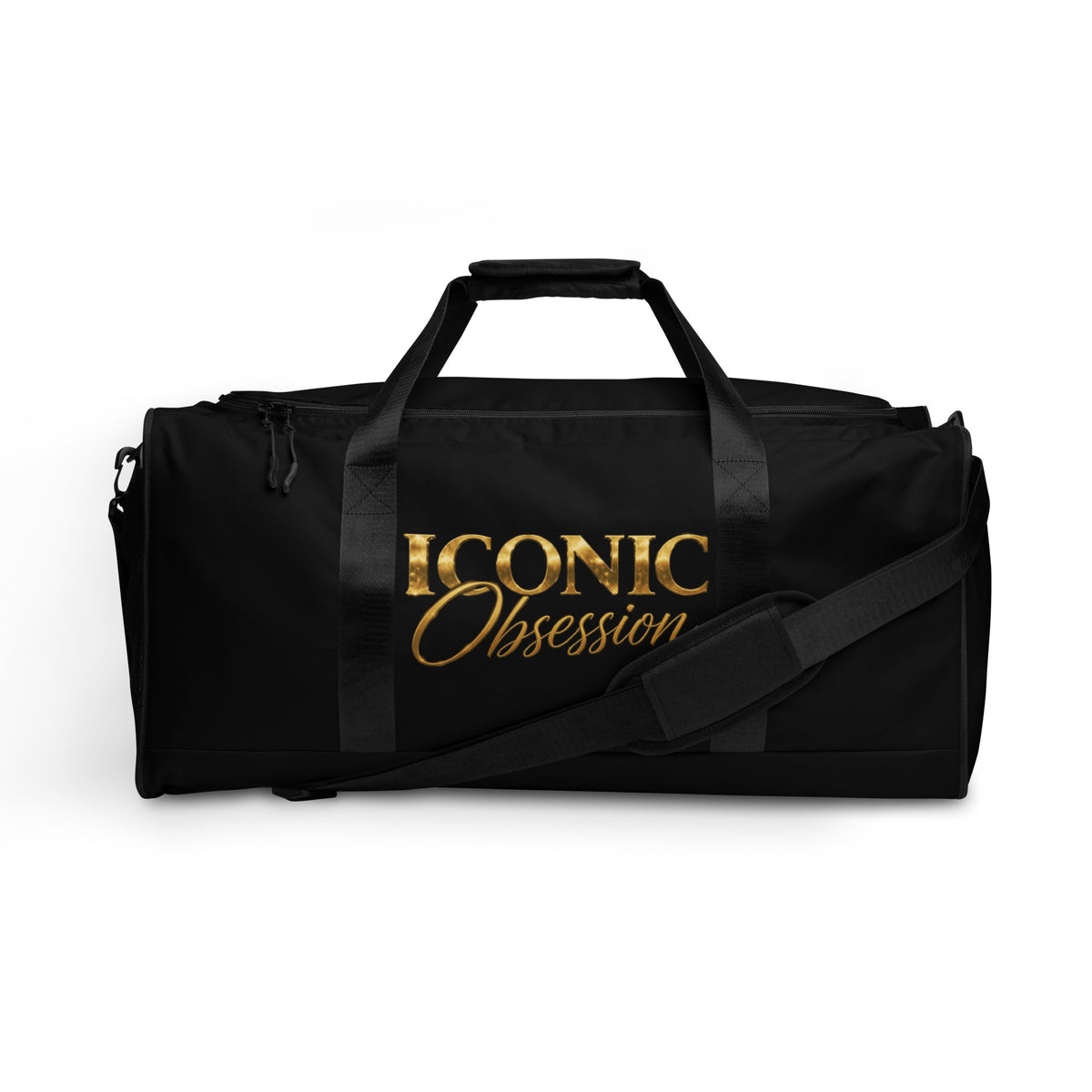 ICONIC Obsession Men's Duffle in black, front view with yellow-gold logo
