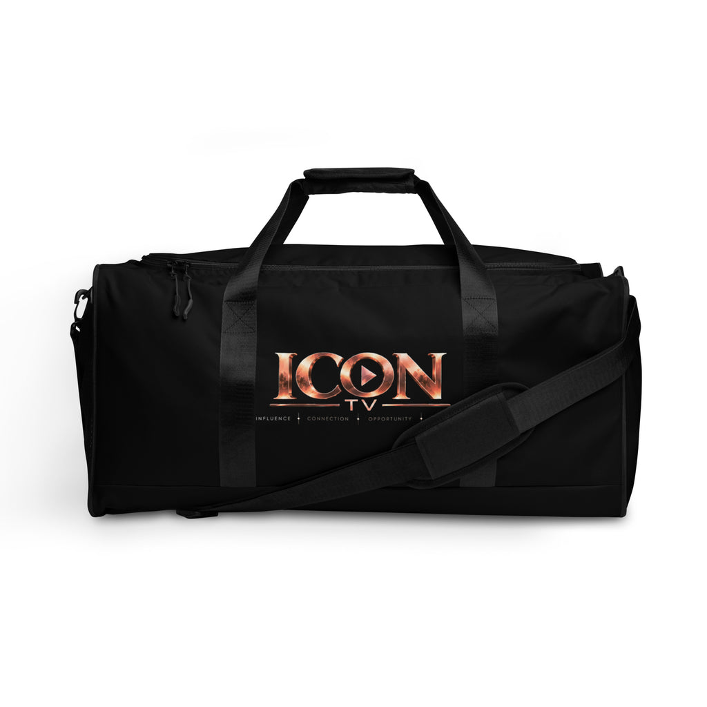 ICON TV Duffle in black, front view with rose-gold logo