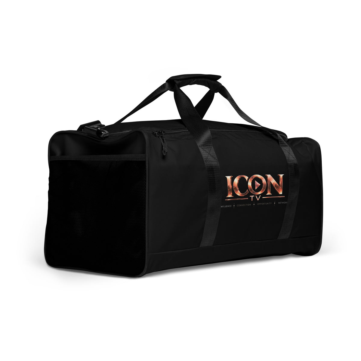 ICON TV Duffle in black, angled front view