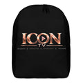 ICON TV Backpack in black, front view with rose-gold logo