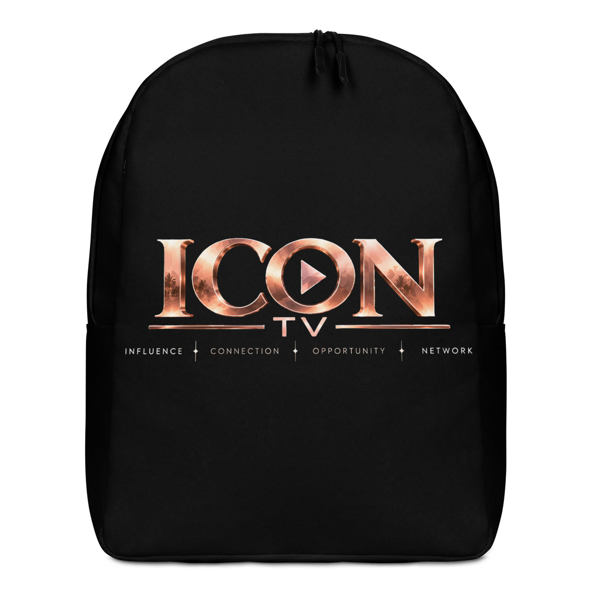 ICON TV Backpack in black, front view with rose-gold logo