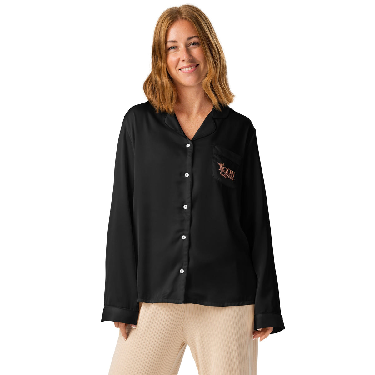 ICON Queen Black Silky Pajama Set - top front