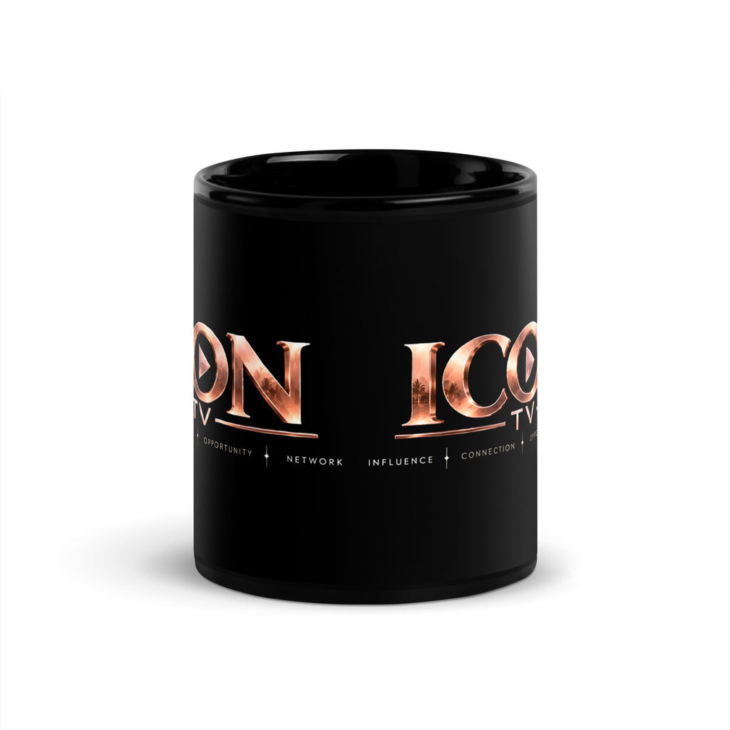 ICON TV Mug in black, front view with rose-gold logo