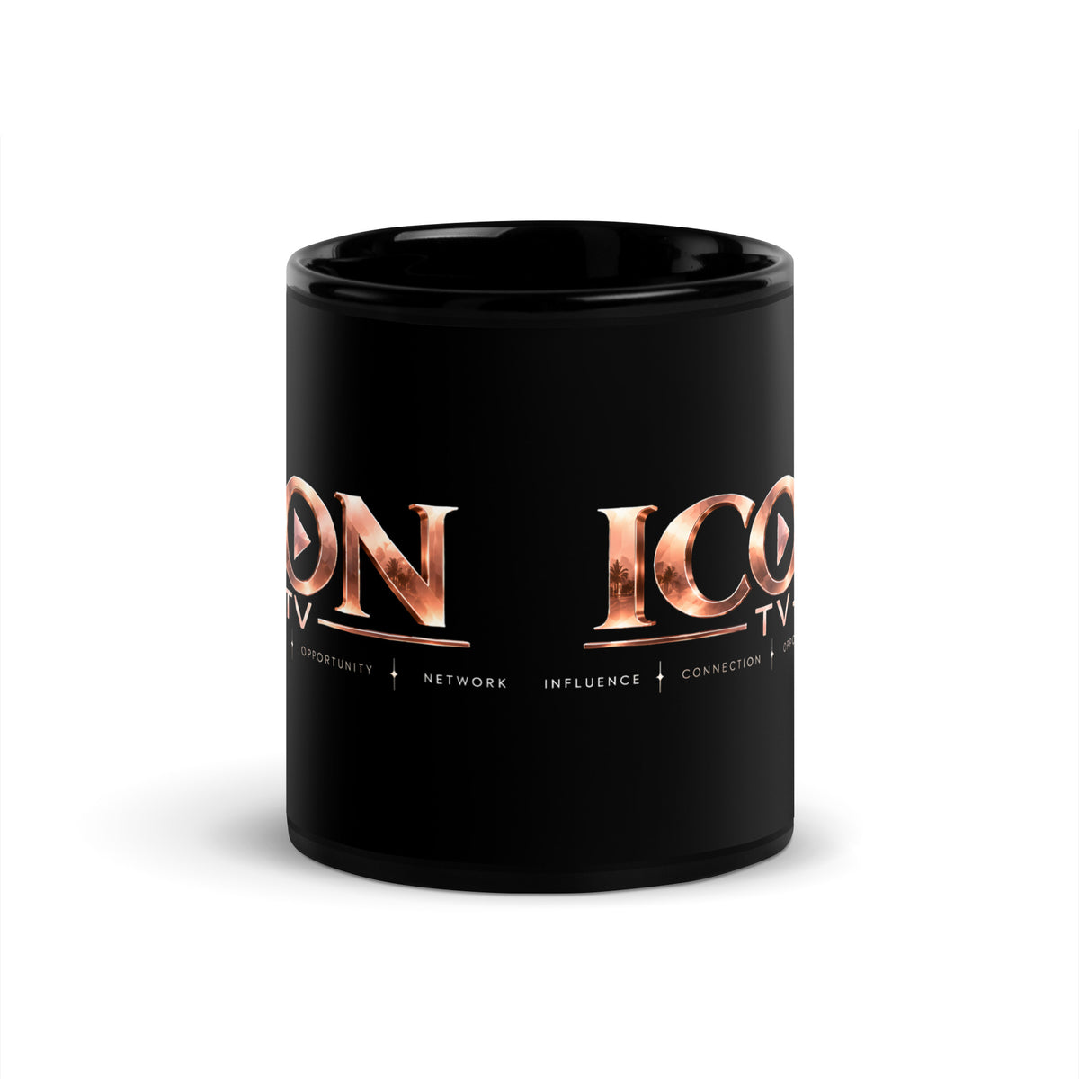 ICON TV Mug in black, front view with rose-gold logo