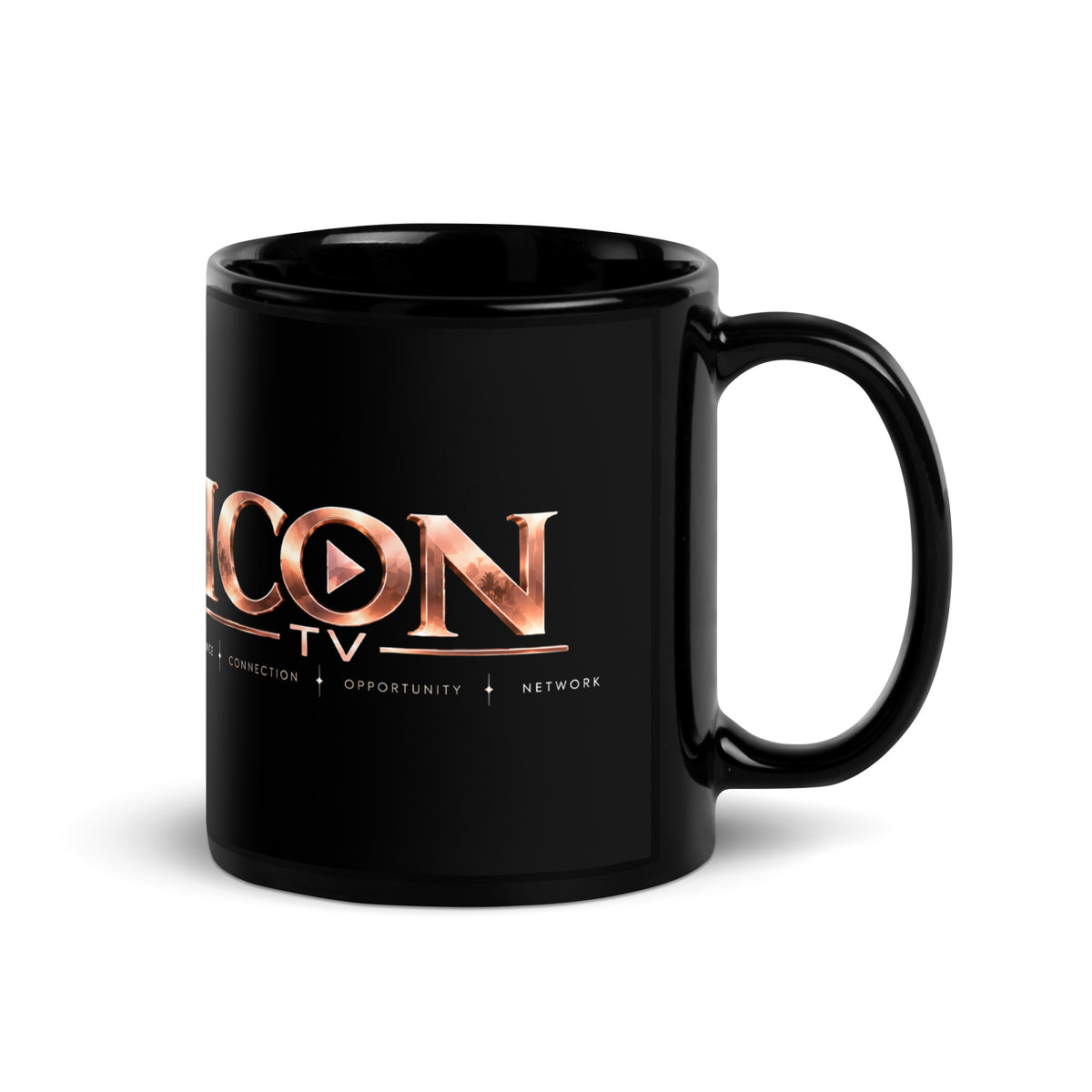 ICON TV Mug in black, handle on the right