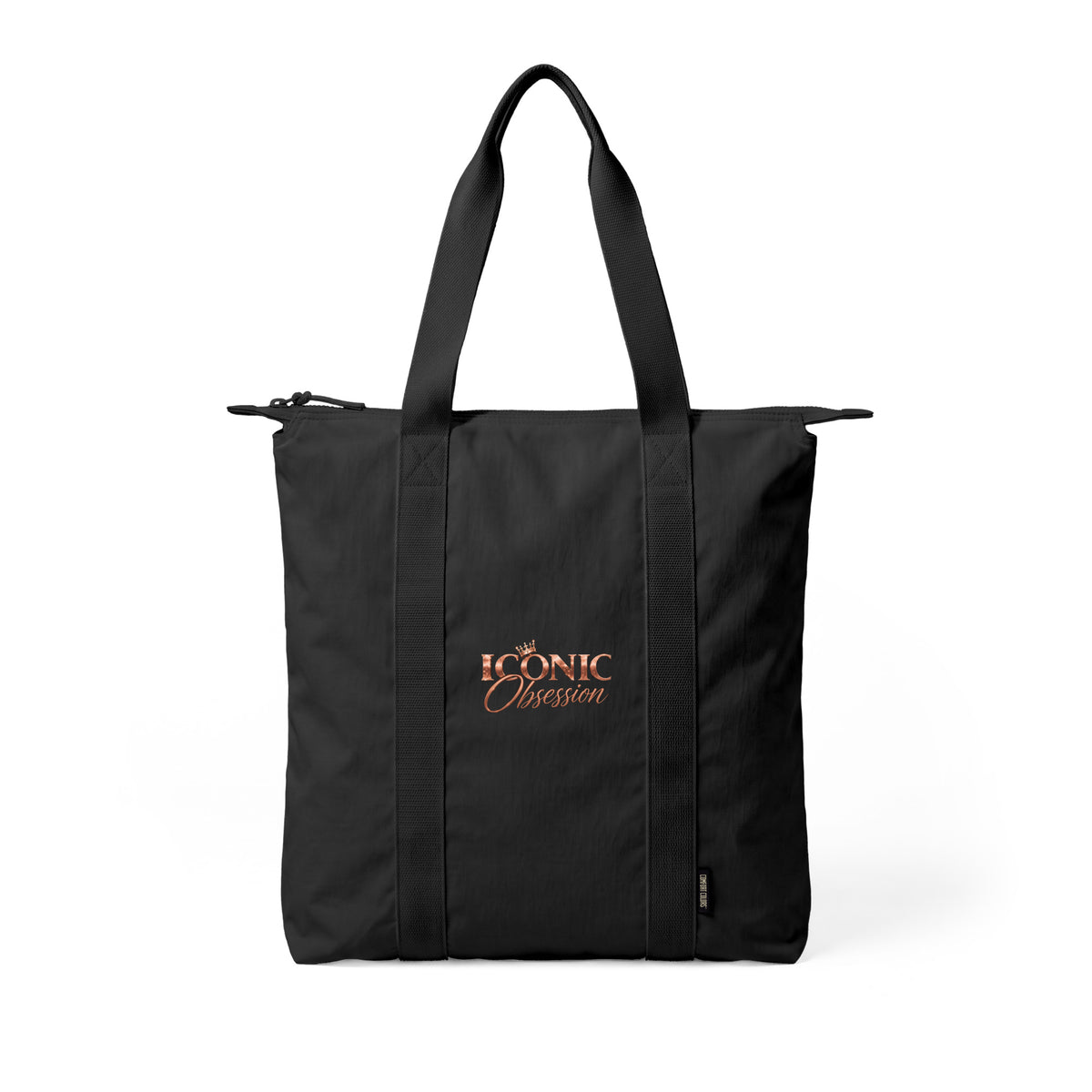 ICONIC Obsession Carry-All Tote in black, front view with rose-gold logo