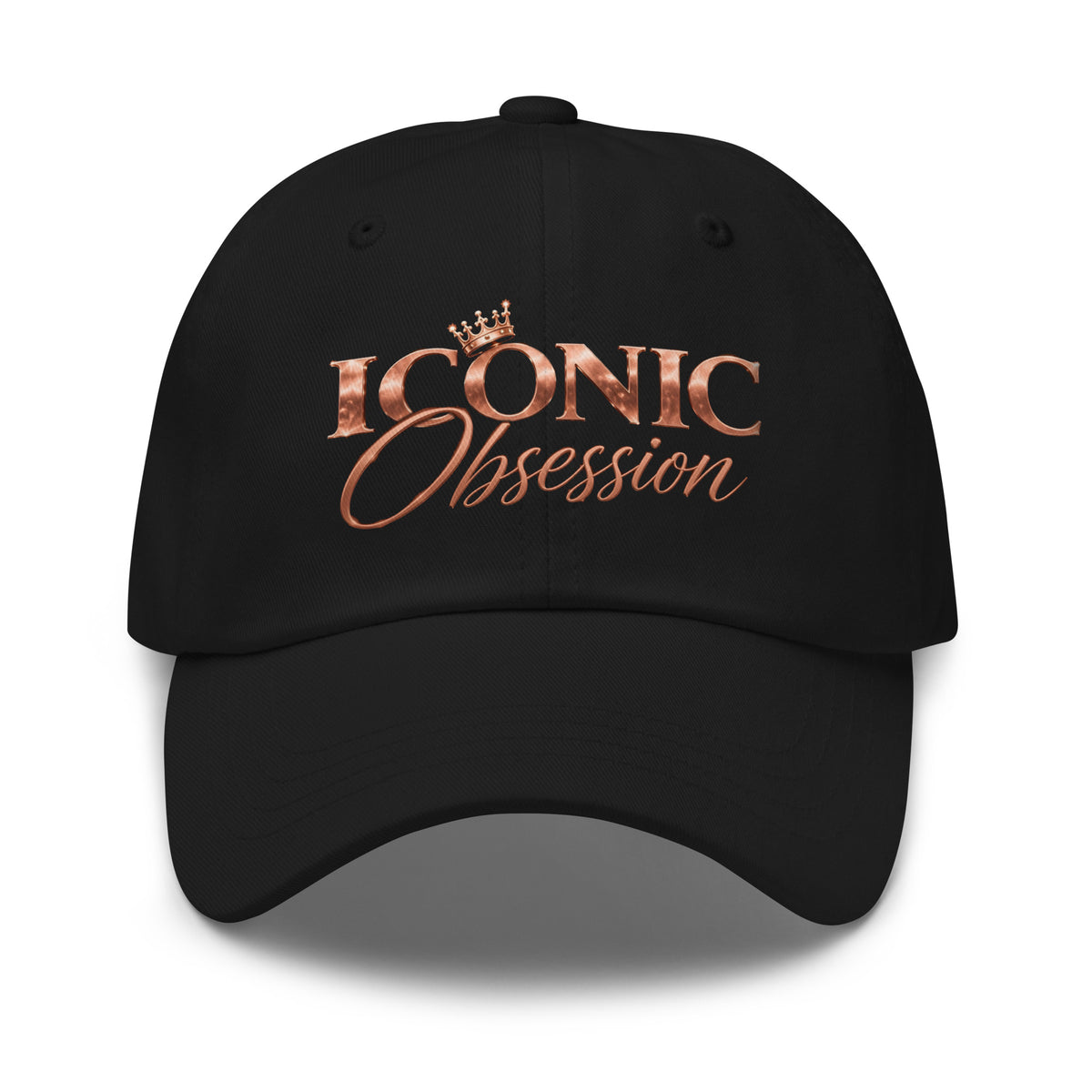 ICONIC Obsession Signature Hat in black, front view with rose-gold logo