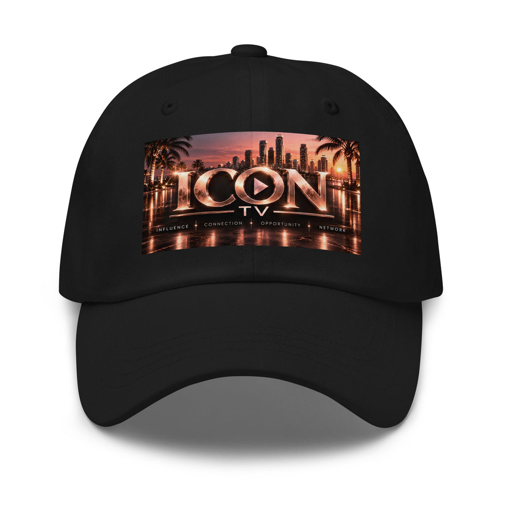 ICON TV Skyline Hat in black, front view with rose-gold ICON TV skyline graphic