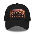 ICON TV Skyline Hat in black, front view with rose-gold ICON TV skyline graphic