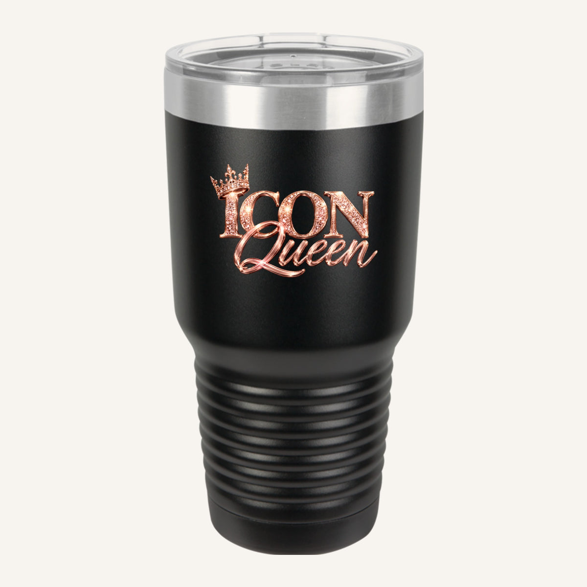 ICON Queen 30 oz Tumbler in black with the rose-gold ICON Queen logo