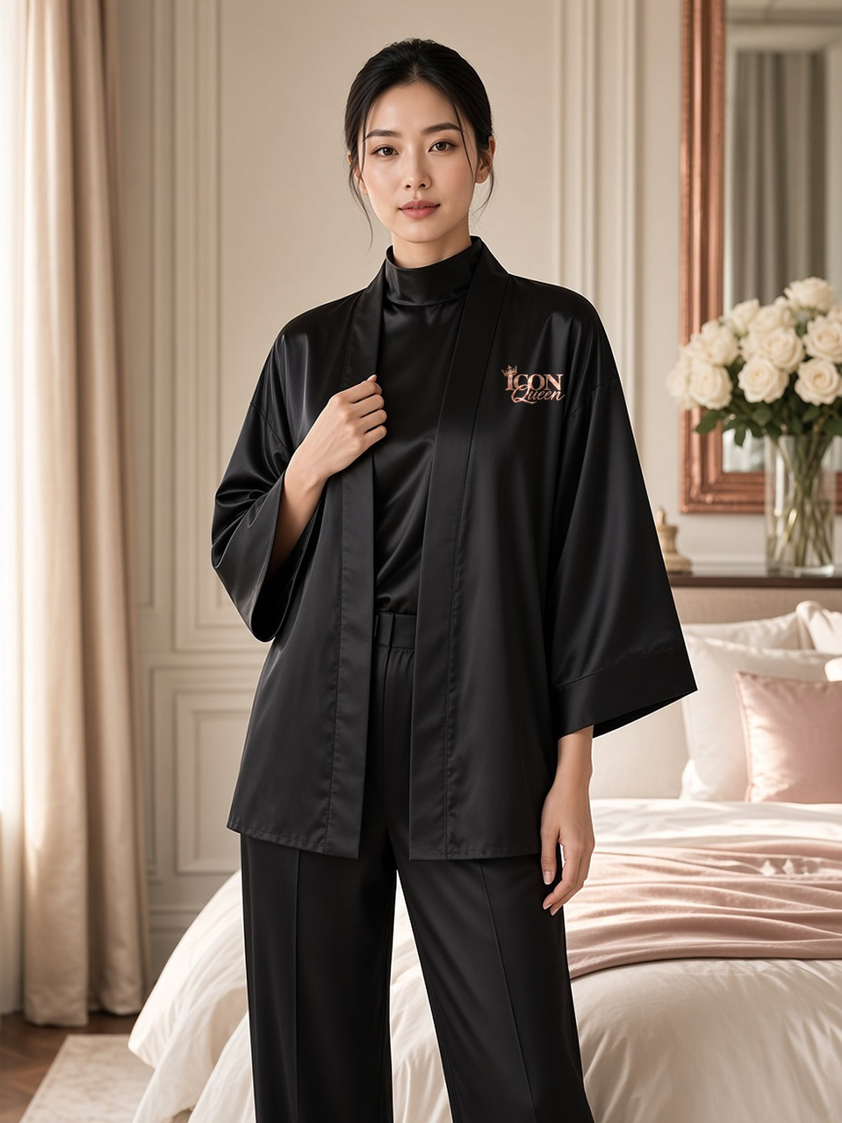 Model in the ICON Queen black kimono robe with the rose-gold ICON Queen logo on the chest, in a luxe ivory bedroom