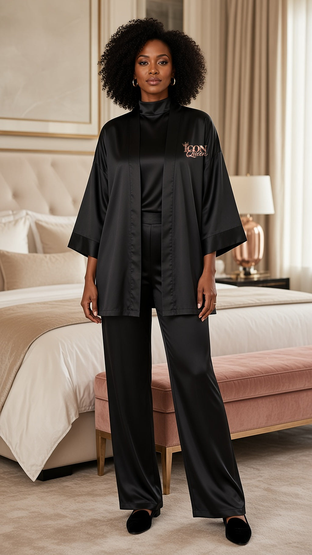 Full-length view of the ICON Queen black kimono robe worn open over black loungewear