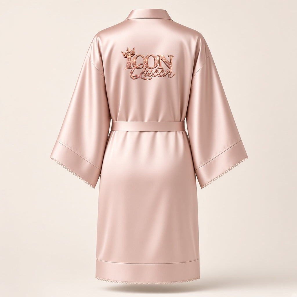 ICON Queen satin robe in blush, back view with the large rose-gold ICON Queen logo