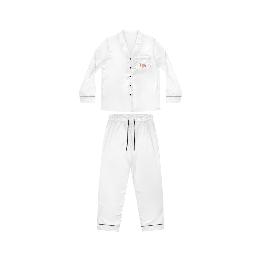 ICON Queen white satin pajama set, top and pants, front view with black piping