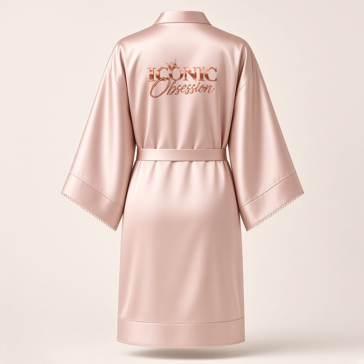 ICONIC Obsession Satin Robe in blush, back view with large ICONIC Obsession logo