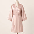 ICONIC Obsession Satin Robe in blush, front view with rose-gold logo on the chest