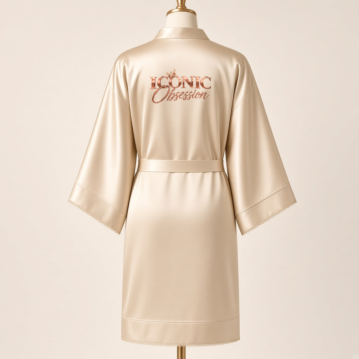 ICONIC Obsession Satin Robe in champagne, back view with large ICONIC Obsession logo