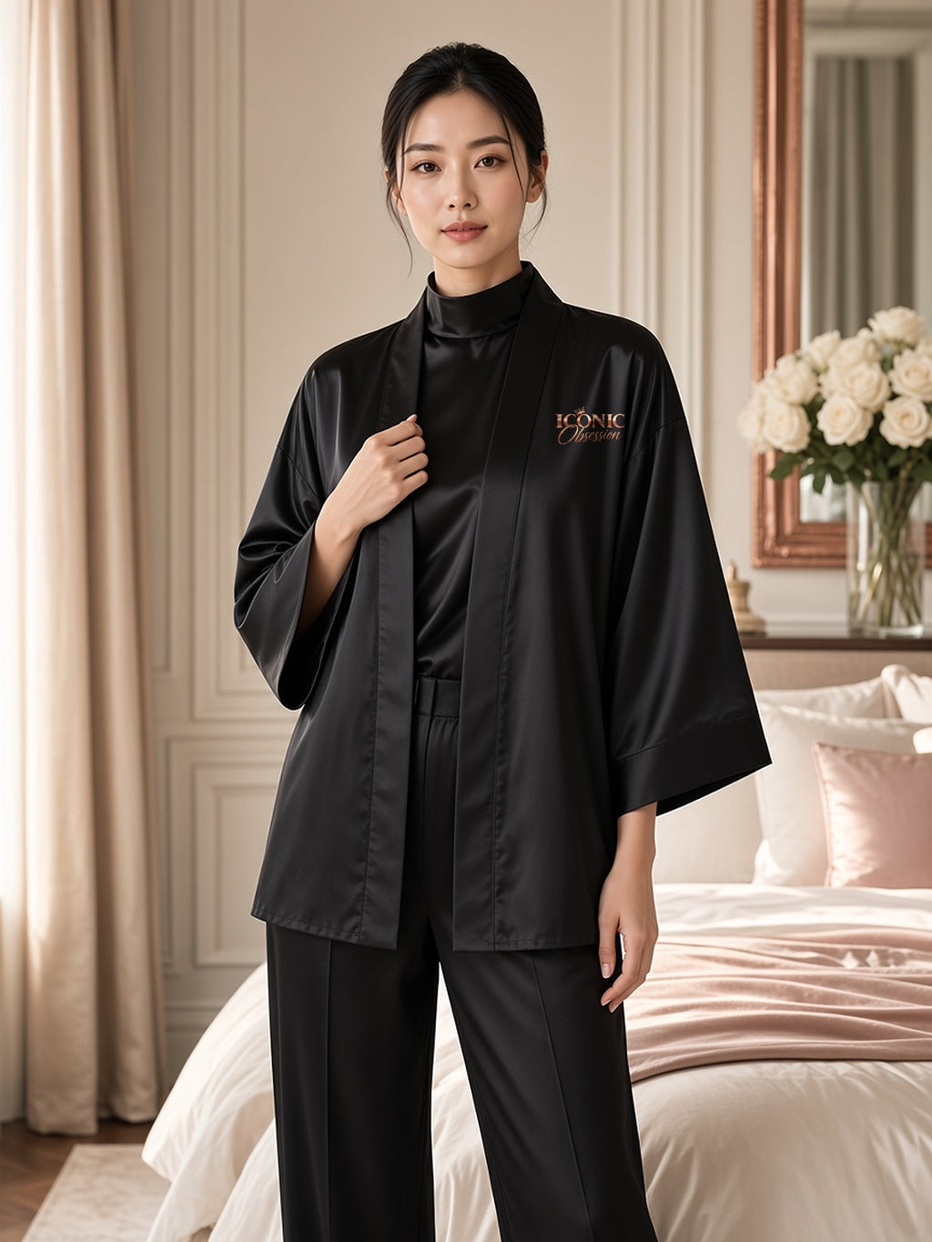 Model in the ICONIC Obsession black silky kimono robe with rose-gold crown logo on the chest, styled in a champagne-lit boudoir