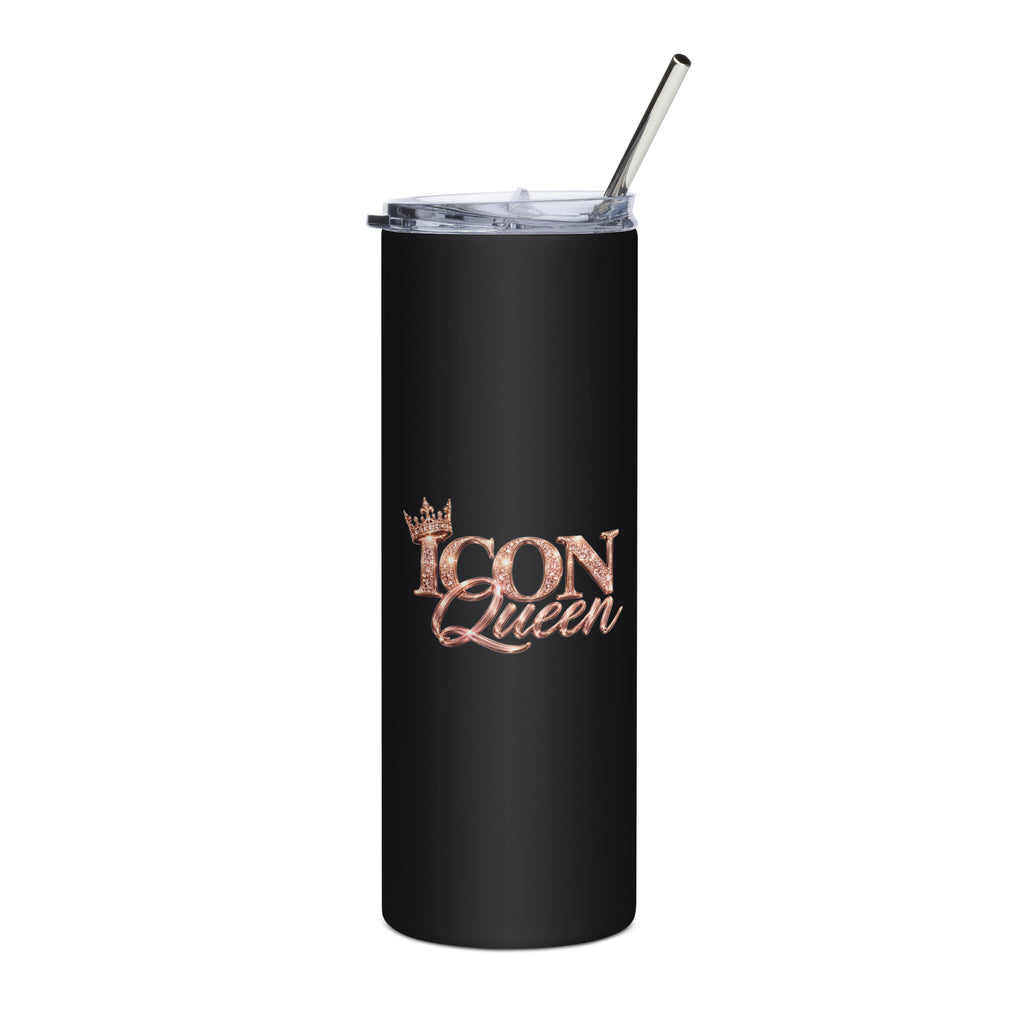 ICON Queen Tumbler in black, front view with rose-gold logo