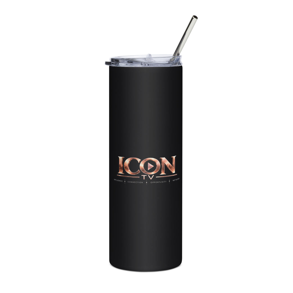 ICON TV Tumbler in black, front view with rose-gold logo
