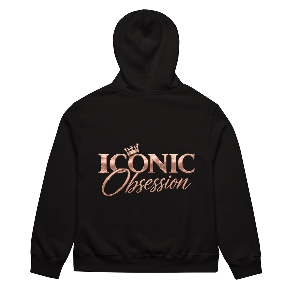 ICONIC Obsession Signature Hoodie in black, back view with large rose-gold ICONIC Obsession logo
