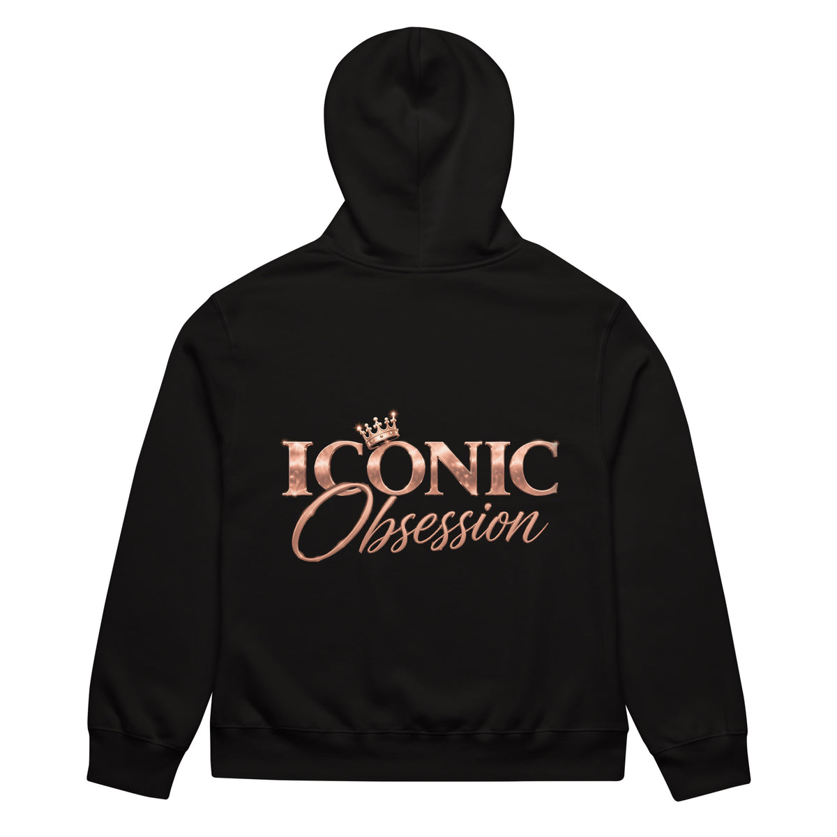 ICONIC Obsession Signature Hoodie in black, back view with large rose-gold ICONIC Obsession logo