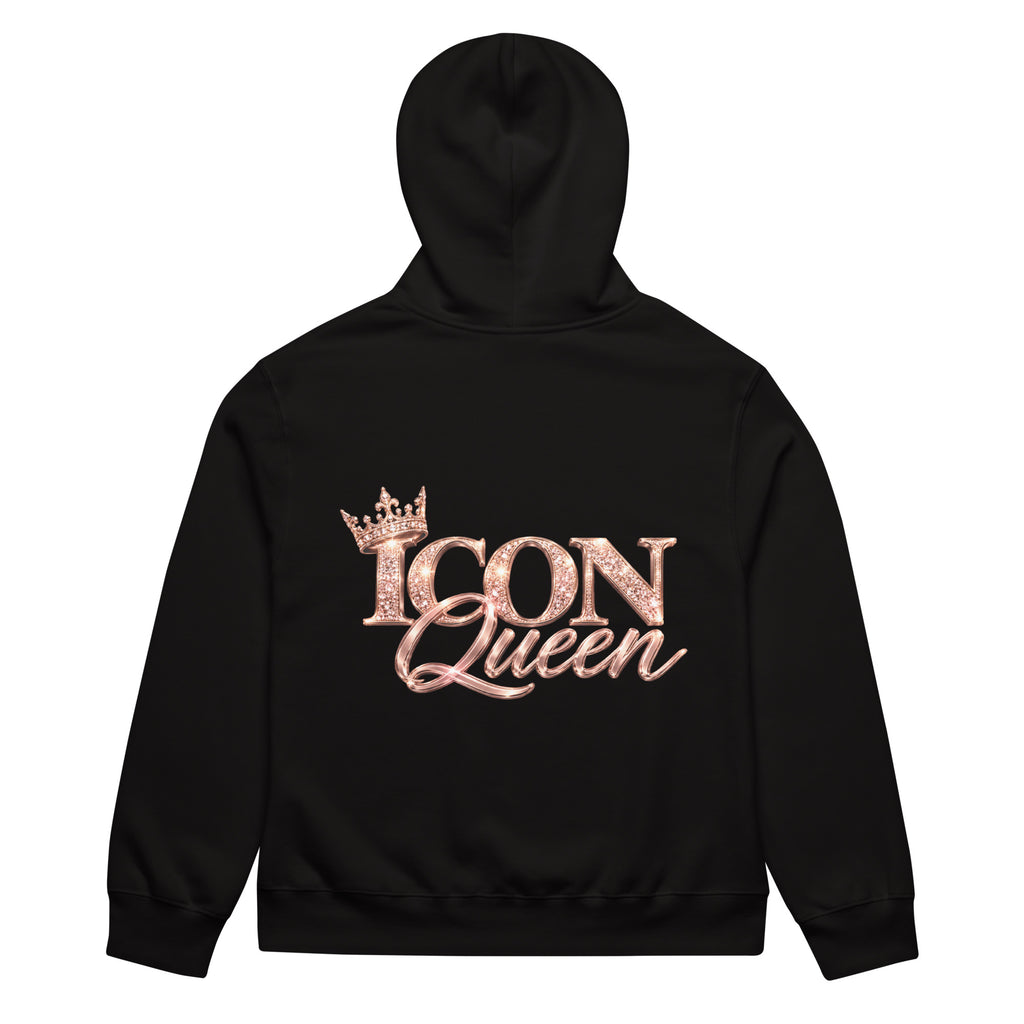 ICON Queen Hoodie in black, back view with large rose-gold ICON Queen logo