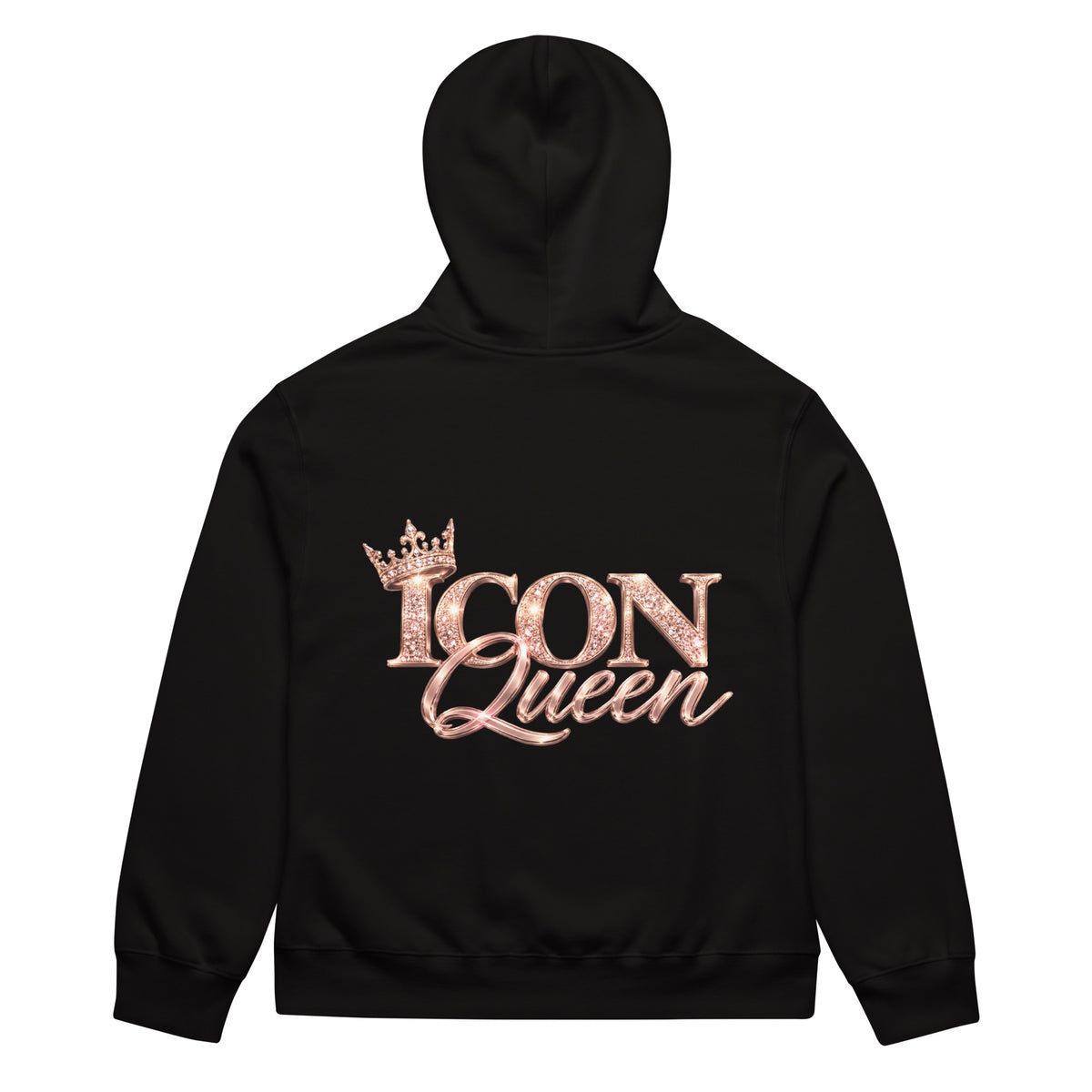 ICON Queen Hoodie in black, back view with large rose-gold ICON Queen logo