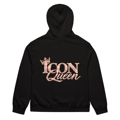 ICON Queen Hoodie in black, back view with large rose-gold ICON Queen logo
