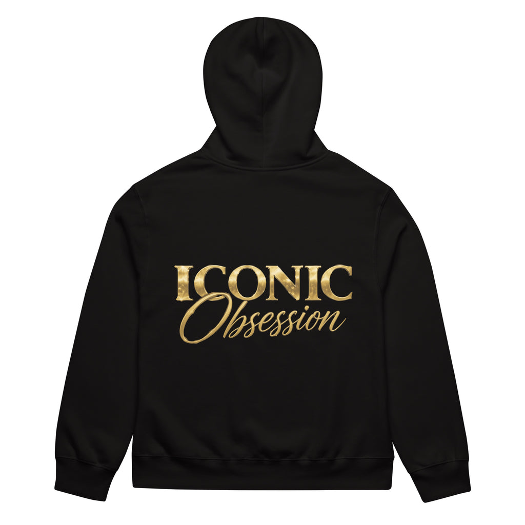ICONIC Obsession Men's Signature Hoodie in black, back view with large gold ICONIC Obsession logo