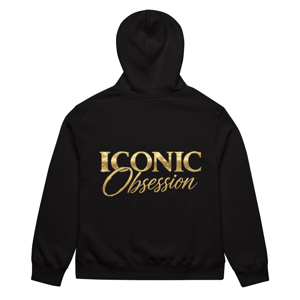 ICONIC Obsession Men's Signature Hoodie in black, back view with large gold ICONIC Obsession logo