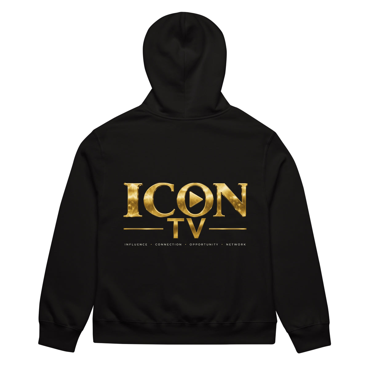 ICON TV Men's Hoodie in black, back view with large gold ICON TV logo