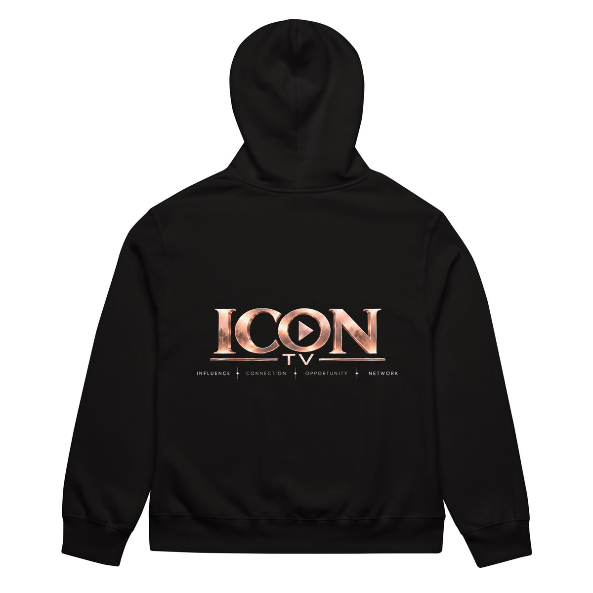 ICON TV Women's Hoodie in black, back view with large rose-gold ICON TV logo
